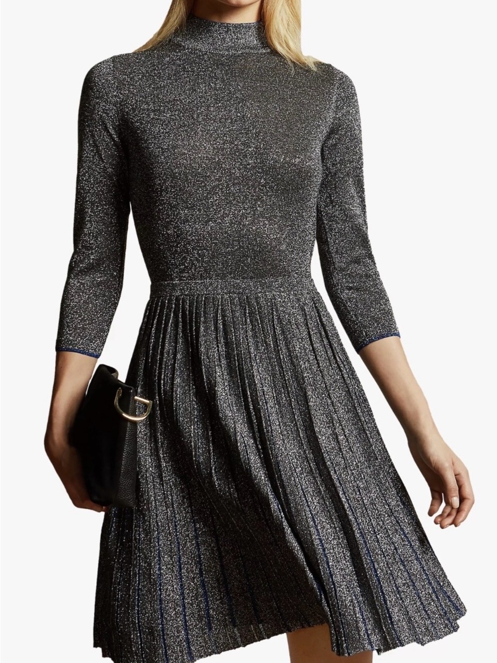 Ted Baker Silver Metallic Pleated Mock-Neck Mini Dress